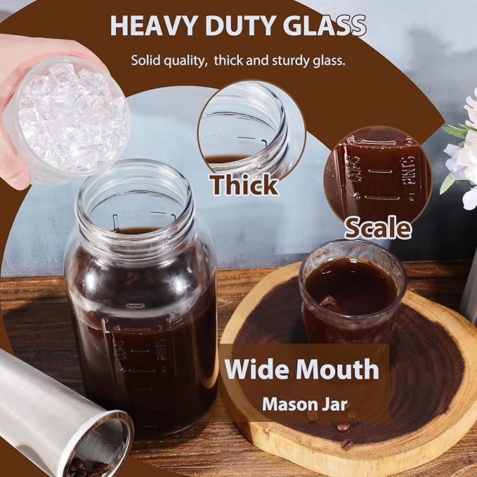 Cold Brew Coffee Maker Glass Pitcher, 32 oz Mason Jar with Pour Spout Handle Lid with Stainless Steel Filter for Iced Coffee, Lemonade, Ice Tea, Fruit Drinks