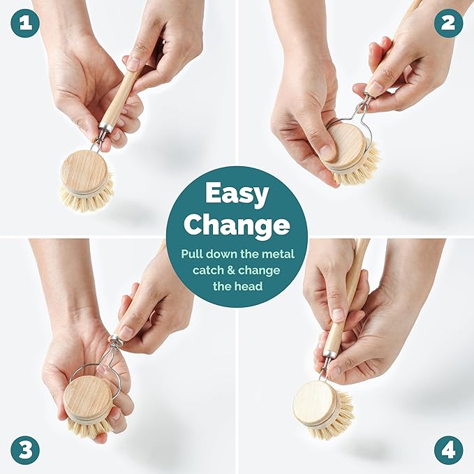 Jungle Culture Firm Bristle Replacement Brush Heads for Eco Dish Brushes • Wooden Kitchen Washing Up Brush Heads Pack of 4 • Interchangeable Bristle Refills • Dish Scrubbers • Zero Waste Cleaning