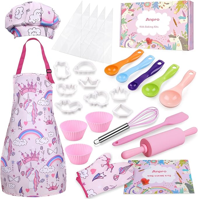 Anpro Complete Kids Cooking and Baking Set - 27 Pcs Includes Aprons for Girls, Chef Hat, Mitt & Utensil to Dress Up Chef Costume Career Role Play for 8-12 Years Girls