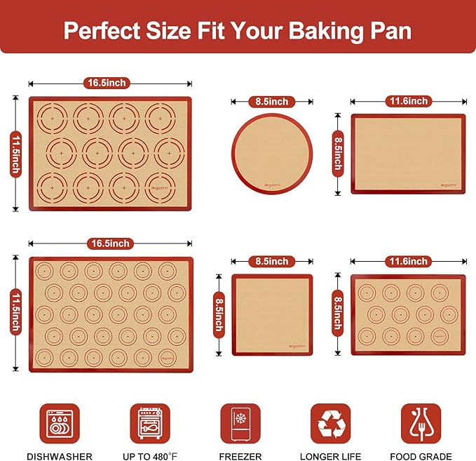 Silicone Baking Mat Set of 4, Easy Clean & Non-Stick Food Grade Reusable Baking Mat, Silicon Baking Mats Oven Liner Sheet, Round & Square Cake Mat, Pastry Board Rolling Dough Mats for Macaron Cookie
