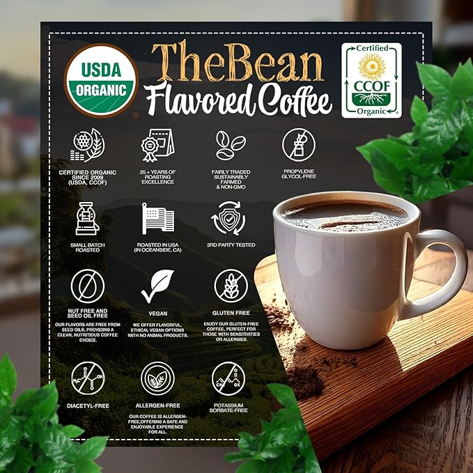 The Bean Organic Coffee Company Water Processed DECAF Vanilla Cinnamon Spice, Medium Roast, Whole Bean Coffee, 16-Ounce Bags (Pack of 2)