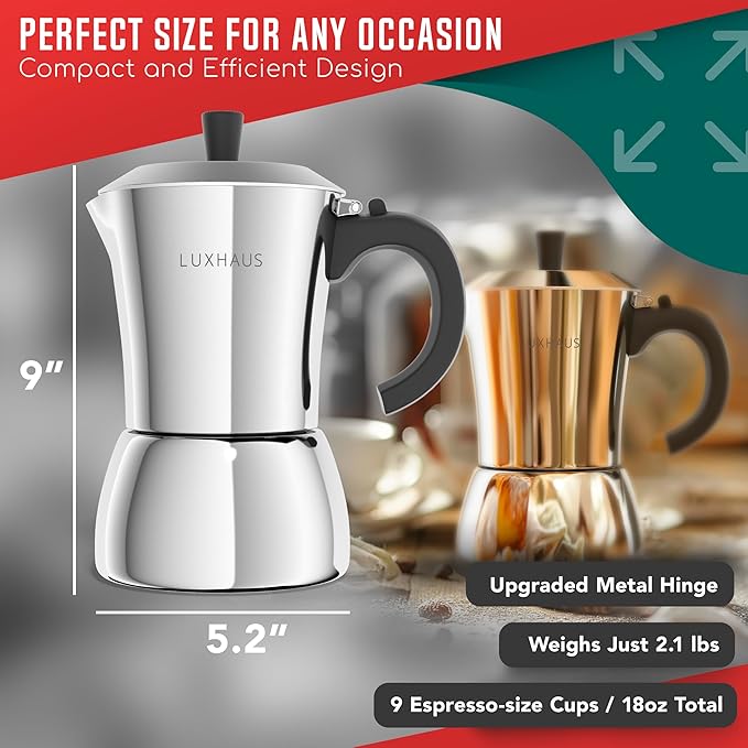 LuxHaus Moka Pot - 9 Cup Stovetop Espresso Maker - 100% Stainless Steel Italian and Cuban Mocha Coffee Maker