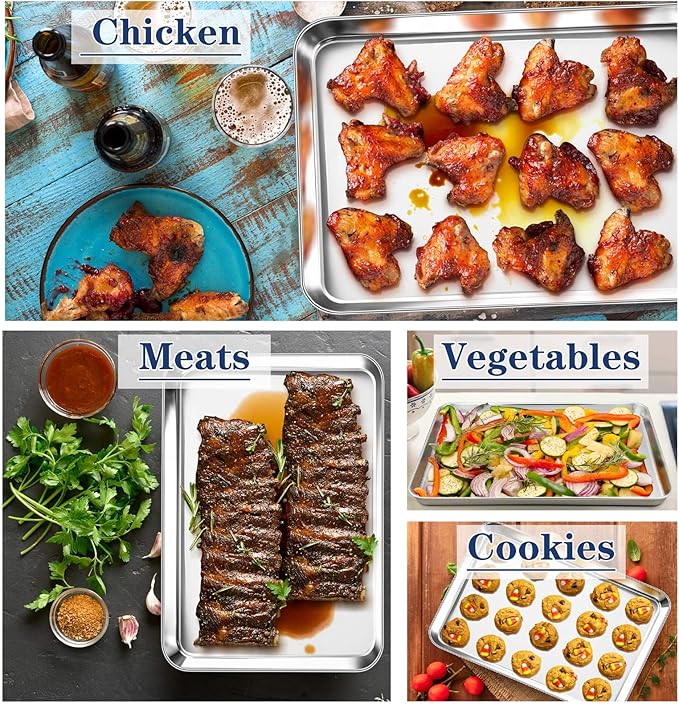 P&P CHEF 17.3 Inch Baking Cookie Sheet, Oven Pan Tray Stainless Steel Sheet Pan for Kitchen, Oven Bakeware for Multi Uses, Shiny Look & Dishwasher Safe, Healthy & Heavy Duty, 2Pcs