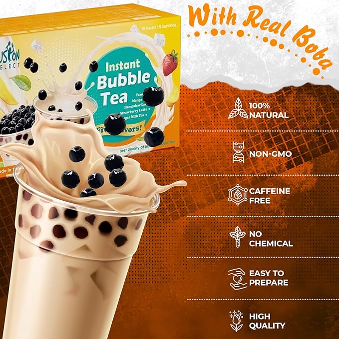 Fusion Select 5 Packs Taro, Mango, Honeydew, Strawberry Bubble Tea Kit Set With Extra Rich Tapioca Pearls, Straws