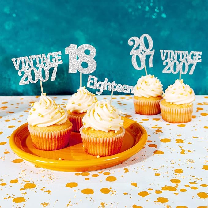 Gyufise 24Pcs 18th Birthday Cupcake Toppers Glitter Eighteen Vintage 2007 Hello 18 Years Birthday Cupcake Picks Adultish 18 Cake Decorations for Happy 18th Birthday Anniversary Party Supplies Silver