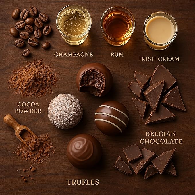 Andy Anand Chocolatier Champagne, Rum, Irish Cream & Kahlua Belgian Chocolate Truffles - Gluten Free Delicious & Divine Gourmet Liqueur Assortment - Perfect for Chocolate Lovers (24 Pcs)