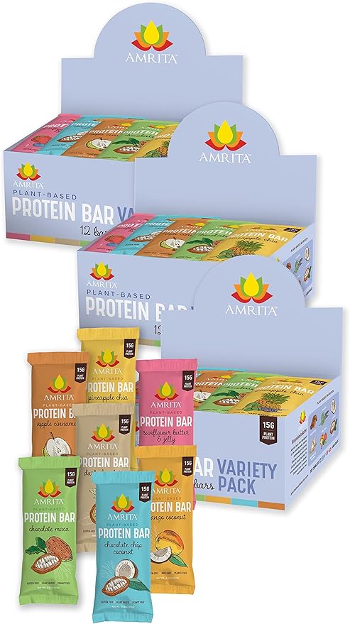 Amrita Nut Free Variety Pack Vegan Protein Bars (12 Count PK of 3) | 11g to 12g Plant-Based Protein Bar | Peanut Free, Gluten Free, and Dairy Free | Low Sugar, High Fiber, Healthy School-Safe Snacks