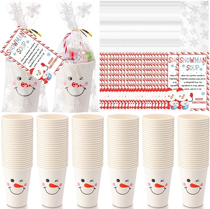 200 Sets Christmas Snowman Soup Kits for Classroom Coworker Gift 12 Oz Winter Snowman Paper Cups for Hot Cocoa Chocolate Marshmallow Soup Tags Clear Xmas Bags (Elegant)
