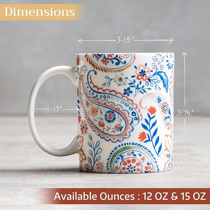 Maison d' Hermine Coffee Mug with Handles Fine Bone China Mugs Pack of One Tea Cups for Hot Beverages Cappuccino Latte Home Restaurant Office Perfect for Gift (Indian Floral - Paisley, 12 Ounce)