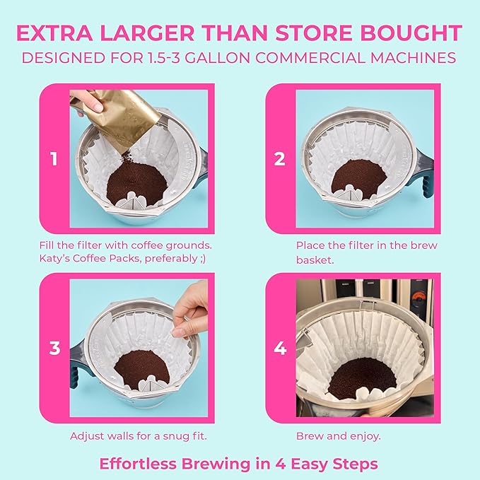Katy’s Extra Large Coffee Filters | 1.5 to 3 Gallon Premium Commercial Coffee & Tea Filters for Restaurants, Cafés & More | 12.5” x 4.5” Inch Size | No Overflow, No Tearing | 250-Count Bulk Pack