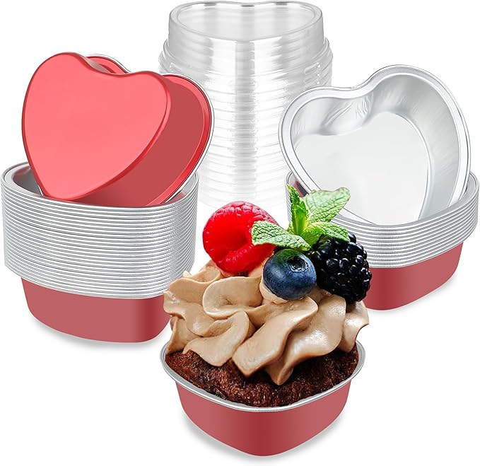Mini Heart Shaped Cake Pans 3.5oz Aluminum Foil Heart Cake Pan with Lids, 25 pcs Disposable Small Heart Baking Pan Red for Valentine Weddings Birthday
