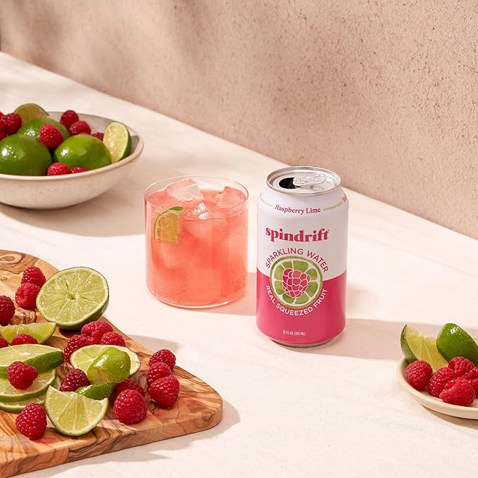 Spindrift Sparkling Water, Raspberry Lime Flavored, Made with Real Squeezed Fruit, Only 9 Calories per Can, 12 Fl Oz Cans, Pack of 24