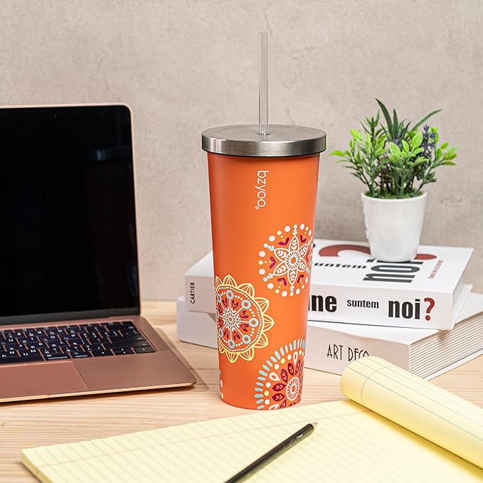 bzyoo SUP Double Wall Vacuum Insulated 24oz Tumbler with Straw and Lid Stainless Steel Water Bottle Travel Mug Cup, Mother's Day Gift Perfect For Ice Coffee or Tea Color: Orange Madallion