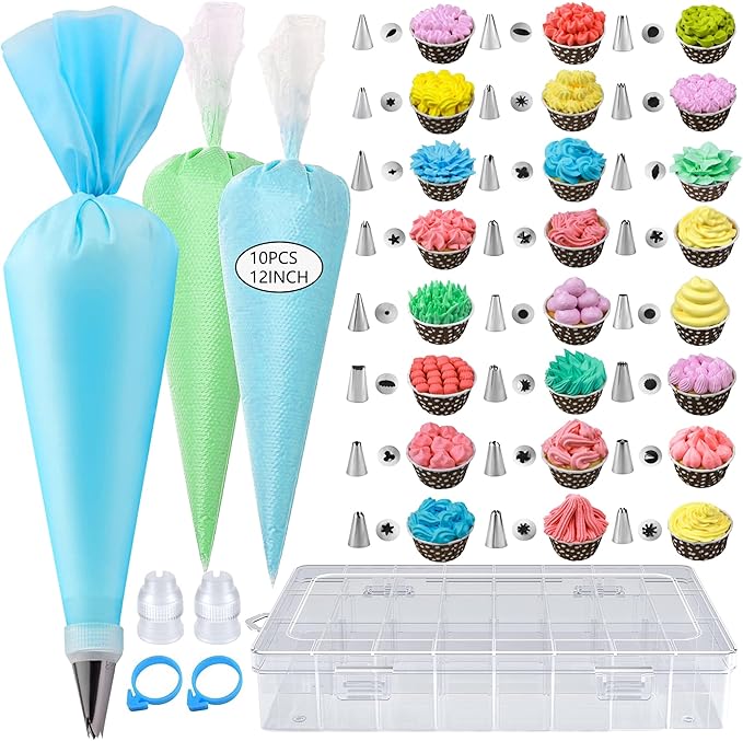40PCS Piping Bags and Tips Set 12 Inch Pastry Bags Cakes Decorating Kit Supplies, 10 Icing Bags Disposable with 1 Reusable Piping Bags, 24 Frosting Tips, 2 Couplers, 1 Storage Box