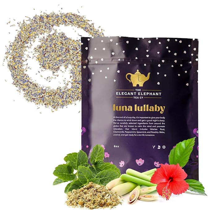Luna Lullaby Sleep Tea, Organic Loose Leaf Herbal Tea – Calming, Relaxing Bedtime Tea – Chamomile, Valerian Root, Peppermint – 8 oz Resealable Bag (Makes 100 Cups) – The Elegant Elephant