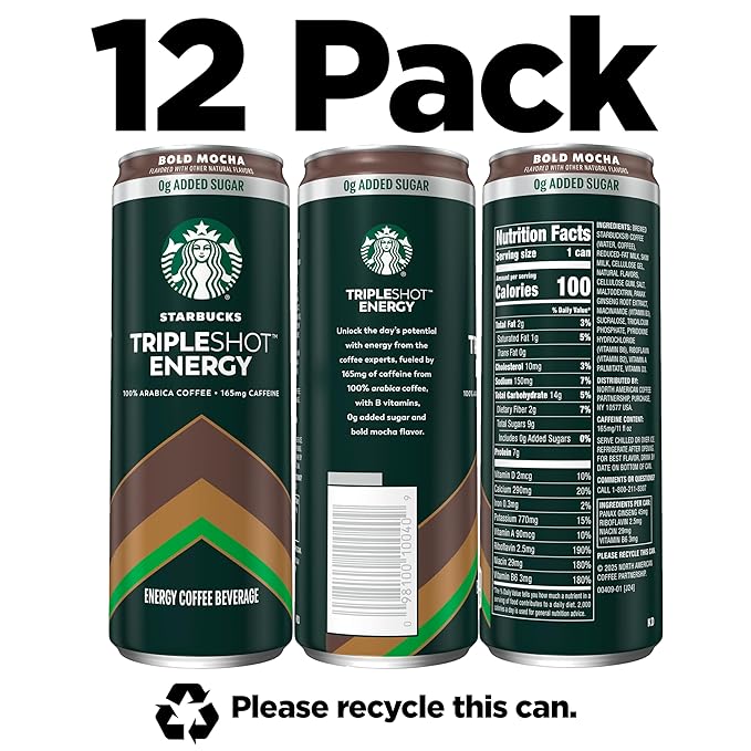 Starbucks Tripleshot Coffee Energy Drink, Bold Mocha, 11 fl oz Cans (12 Pack), Triple Blend, 165mg Caffeine, B Vitamins, Protein, Iced Coffee (Packaging and Formula May Vary)