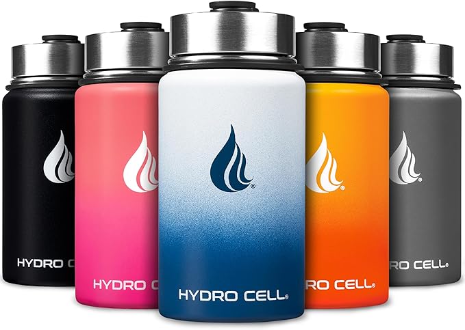 HYDRO CELL Stainless Steel Insulated Water Bottle with Straw - For Cold & Hot Drinks - Metal Vacuum Flask with Screw Cap and Modern Leakproof Sport Thermos for Adults (Navy/White 14oz)