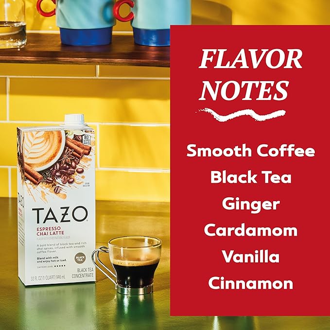 TAZO Espresso Chai Latte, Black Tea Concentrate, Easy to Serve Espresso Chai Tea for Everyday Cafe Style Lattes, Hot or Iced Coffee-like experience, Barista Approved, 32oz Tea Mix Carton