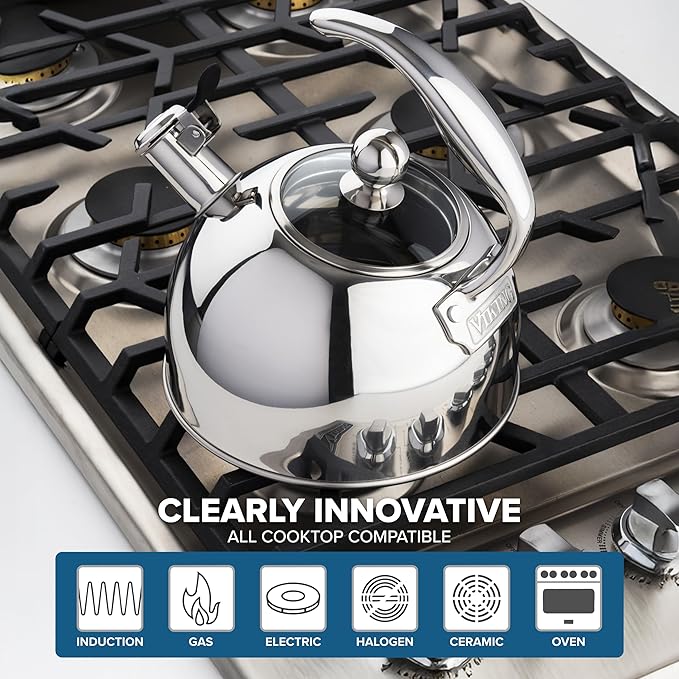 Viking 3-Ply Stainless Steel Tea Kettle, 2.6 Quart Stovetop Hot Water Pot with Tempered Glass Lid, Ergonomic Handle, Induction Ready, Mirror Finish