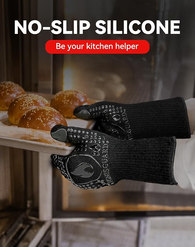 BBQ & Grill Gloves, Oven Gloves, 1472°F Silicone Oven Mitts Heat Resistant Grilling Gloves Fireproof Non-Slip for Barbecue Cooking Baking Smoking, 1-Pair Black（L）