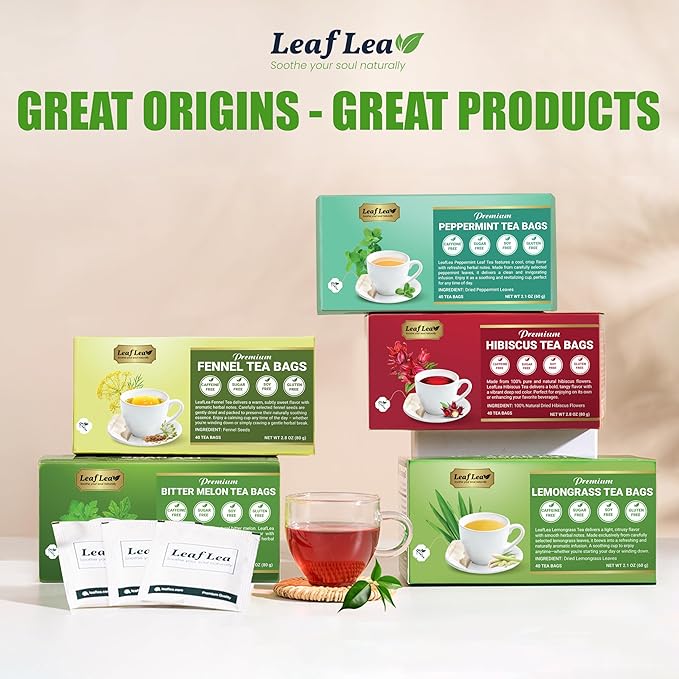LeafLea 40 Peppermint Tea Bags, Natural Peppermint Leaf Herbal Tea with Cool Taste, Te De Menta for Gentle Digestive Support, Te De Hierba Buena, Caffeine-Free, Sugar-Free, Vegan, Individually Wrapped