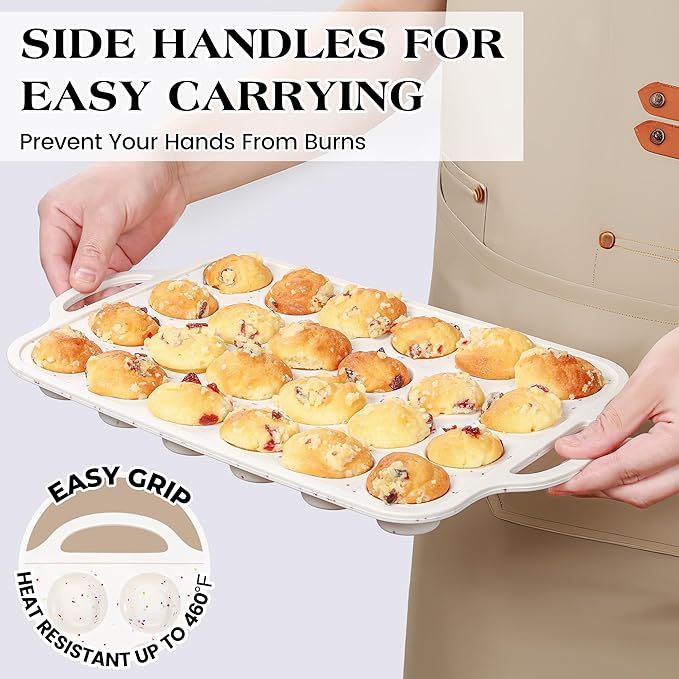 8 Pcs Silicone Muffin Pan Set, 12 Cup Regular and 24 Cup Mini Nonstick Muffin Tray with 6 Pcs Utensils, Silicone Muffin Pan for Baking with Metal Reinforced Frame BPA Free (8 Pcs, Cream)