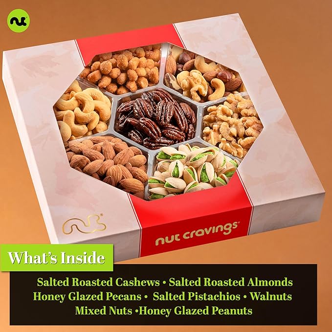 NUT CRAVINGS - Thanksgiving Mixed Nuts Gift Basket in Red Gold Box (7 Assortments, 1 LB) Holiday Xmas Christmas Food Arrangement, Healthy Snack Care Package, Food Assortments