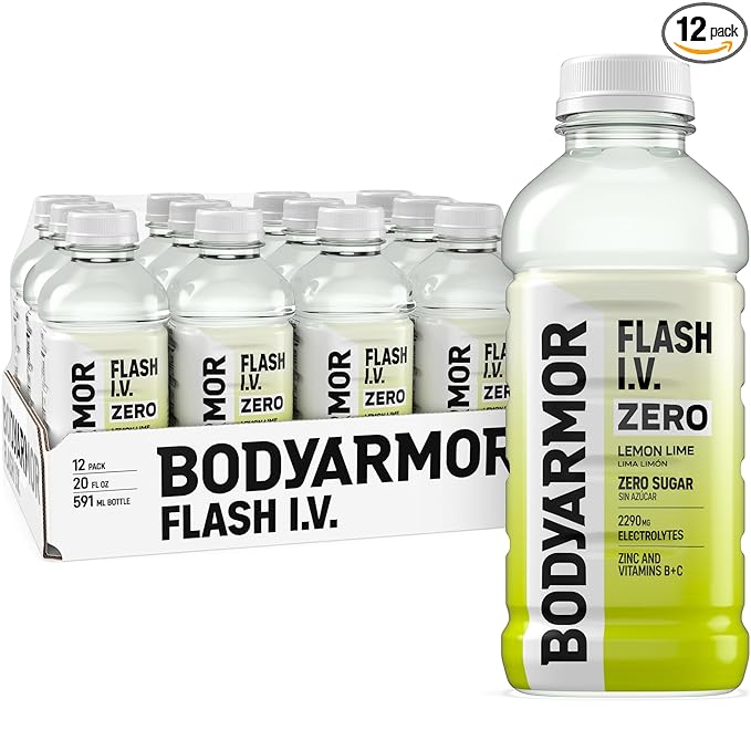 BODYARMOR Flash I.V. Zero Sugar Electrolyte Beverage, Lemon Lime, Hydration Drink For Rapid Rehydration, Post Workout Recovery, 20 Fl Oz (Pack of 12)