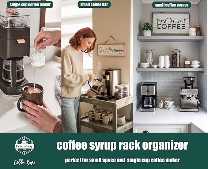 Coffee Syrup Rack Organizer,Syrup Bottle Holder Stand with K Cup Pod Drawer Storage.3 Bottles Storage Shelves for Syrup,Wine,Compact Design for Coffee Bar and Small Spaces