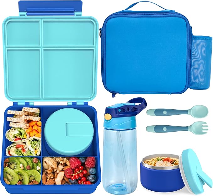 Kids Bento Lunch Box with 8oz Soup Thermo, Water Bottle, Kids Leakproof Lunch Food Containers with 4 Compartment, Insulated Hot Food Jar with Lunch Bag for School, Trvael (Blue)