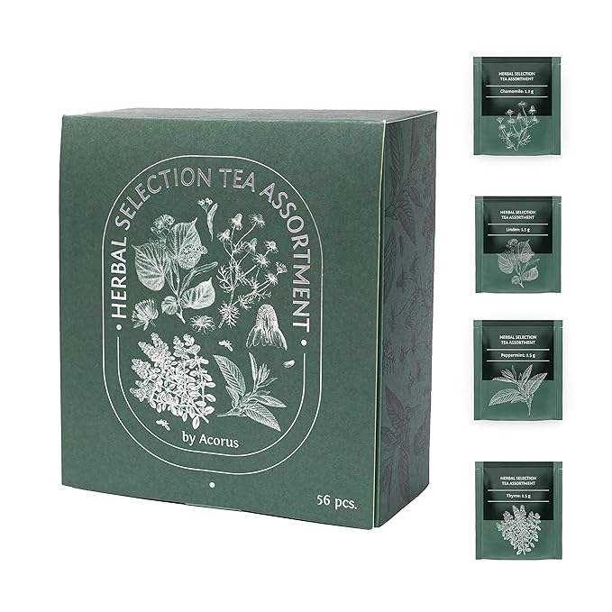 ACORUS Herbal Selection Tea Set, Natural Herbal Tea Variety Pack, Assorted Tea Box, Tea Gift Set of 4 Different Teas, Herbal Tea Sampler of 56 Tea Bags Individually Wrapped