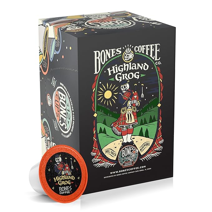 Bones Coffee Company Flavored Coffee Bones Cups Highland Grog Butterscotch Caramel | 12ct Single-Serve Coffee Pods Compatible with Keurig 1.0 & 2.0 Keurig Coffee Maker