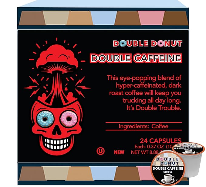 Double Donut Coffee High Caffeine Coffee Pods, Extra Strong Double Caffeine Coffee Cups for Keurig K Cup Brewer Machines Single Serve Dark Roast Coffee, 24 Count