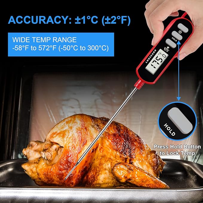 Lonicera Digital Cooking Thermometer for Bread Baking, Food and Water Temperature Measurement. Waterproof and Long Stem with Meat Temp Guide, Display with Backlit (Red)
