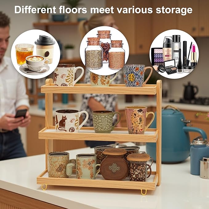 Coffee Mug Holder Wooden Cup Rack,3-Tier Acrylic Home Mug Display Rack for Kitchen Countertops Coffee Beans, Syrup, Cups, Stirrers