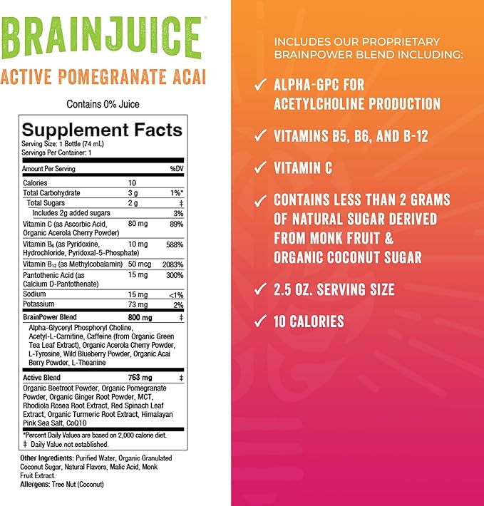 BrainJuice Active Focus & Energy Drink Shots, Supports Endurance, Recovery & Clarity, Non-GMO, Gluten Free, Nootropics, Alpha GPC, B Vitamins & Organic Green Tea, Pomegranate Acai, 2.5 fl oz, 12 Pack