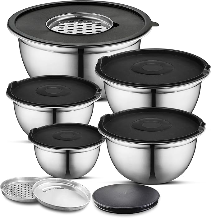 AVADOR Premium Stainless Steel Mixing Bowls Sets Brushed Stainless Steel Mixing Bowl Set, Easy To Clean, Space Saving, Great for Cooking, Baking, Prepping Needs (8 pc with Lid and Grater)