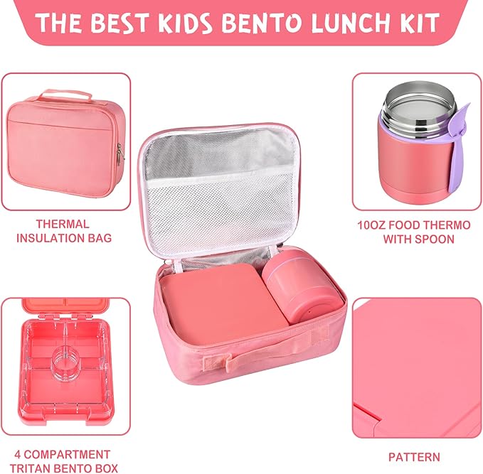 Bento Lunch Box Set With 10oz Soup Thermo, Leak-proof Lunch Containers with 4 Compartment, Kids Hot Thermo Food Jar/Insulation Lunch Bag, Food Containers for School（Solid）