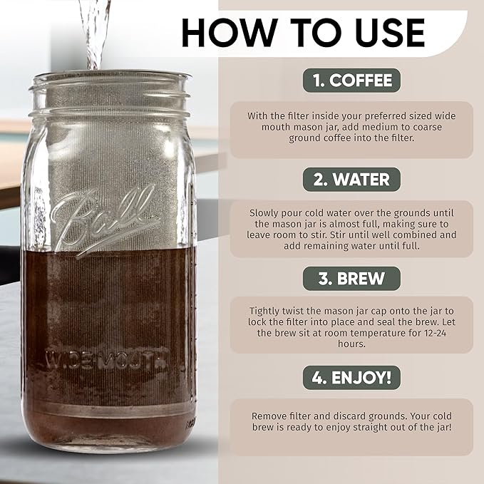 Altura The TUBE+ Cold Brew Coffee Maker and Tea Infuser for Wide Mouth Mason Jars - Stainless Steel Cold Brew Filter Strainer for Iced Coffee, Fruit Water & More - (64oz/2qt)