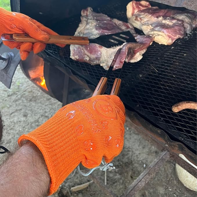 Oven Gloves 932°F Extreme Heat & Cut Resistant Oven Mitts with Fingers for BBQ, Cooking, Grilling, Baking – Accessory for Fire Pit, Camping, Fireplace & More - Orange Bitcoin Gift