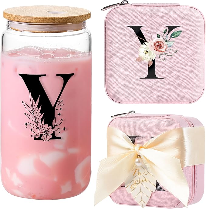 AYGXU Travel Gifts for Women,16oz glass cups with lids and straws,mom birthday gifts,aesthetic cups,coffee cups,travel jewelry case organizer,Travel Essentials Small Jewelry Box,Initial Y pink