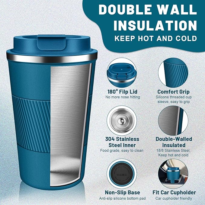 Insulated Coffee Tumblers with Flip Lid 12oz / 17oz, Stainless Steel Travel Coffee Mug Leak Proof, Vacuum Insulated Coffee Mug Reusable Cup, Keeps Cold and Hot for Coffee Tea