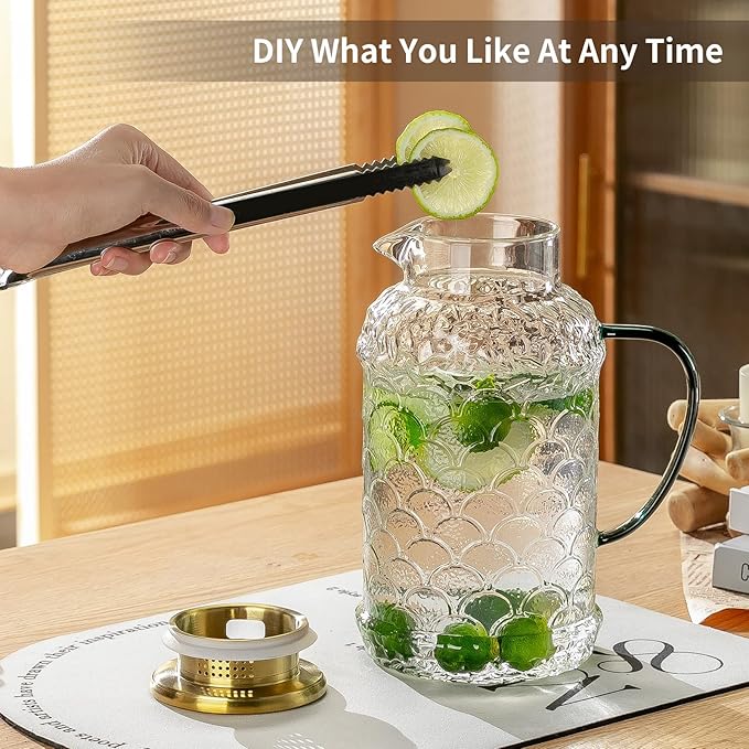 2 PACK Glass Pitcher with Lid,68 oz/2 Liter Fish Scale Design Water Pitcher,Clear Borosilicate Glass Water Carafe for Cold Brew, Coffee, Lemonade, Iced Tea,Heat Resistant Water Glass Jug