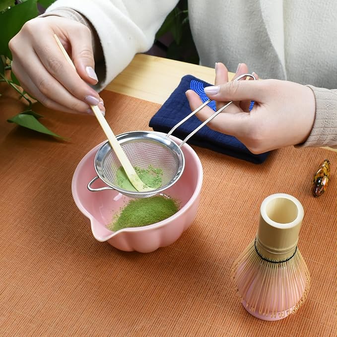 Artcome 7 Pcs Japanese Matcha Tea Set - Matcha Bowl with Pouring Spout, Matcha Whisk, Tea Scoop, Whisk Holder, Handmade Matcha Ceremony Kit For Japanese Tea Ceremony, Rose