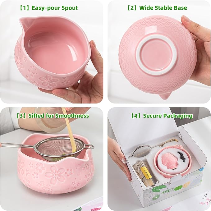 TEANAGOO 7-PCS Pink Matcha Whisk Set with Cherry Blossom Design, Complete Ceremony Kit, Ceramic Chawan Bowl with Spout, Whisk & Accessories, Traditional Matcha Tea Set for Lattes& Gift Giving