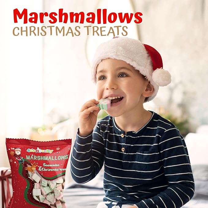 4E's Novelty Sweet Christmas Marshmallow Soft Candy Treats 65pcs (200gram) Bulk Snowman & Santas Shapes, Christmas Candy Stocking Stuffers Snacks, Party Favor for Kids & Adults