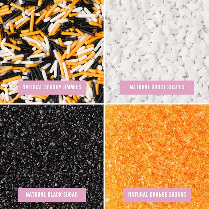 Sweets Indeed Dye-Free Halloween Sprinkles 4-Pack – 11.57 oz Natural Spooky Decorating Set | Sprinkle Mix, Ghost Confetti, Orange Sugar & Black Sugar | Edible Dye-Free Cake & Cupcake Decorations