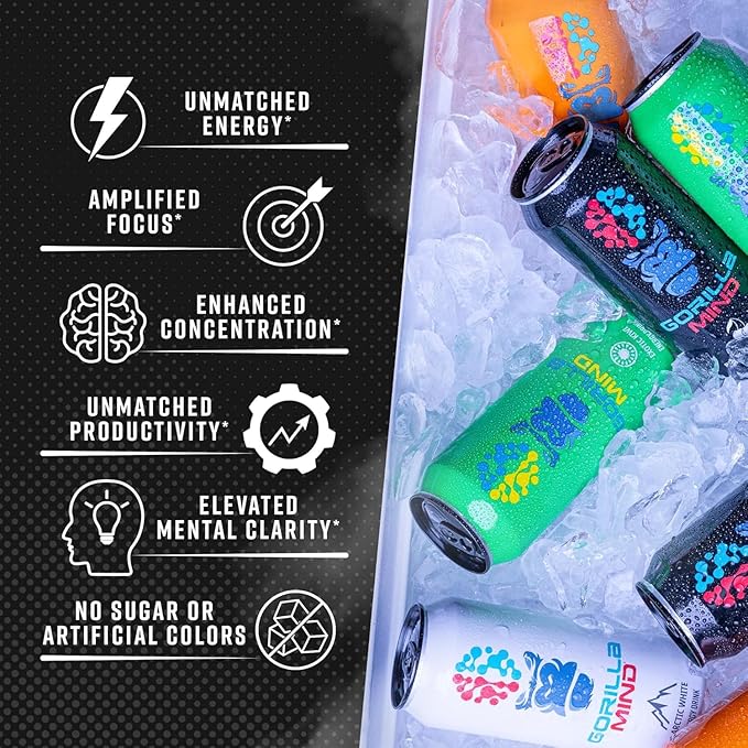 Gorilla Mind Energy Drink | Unmatched Energy · Amplified Focus | N-Acetyl-L-Tyrosine, Alpha-GPC, 200mg Caffeine, Uridine, Saffron | 0 Sugar Or Artificial Colors | 16oz | 12-Pack (Variety Pack #1)