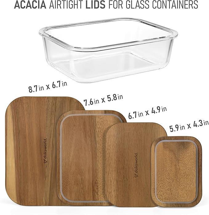 Natural Acacia Lids Set for Food Storage Glass Containers (4pcs) - Lids are compatible with all Glass Food Storage Containers Sets