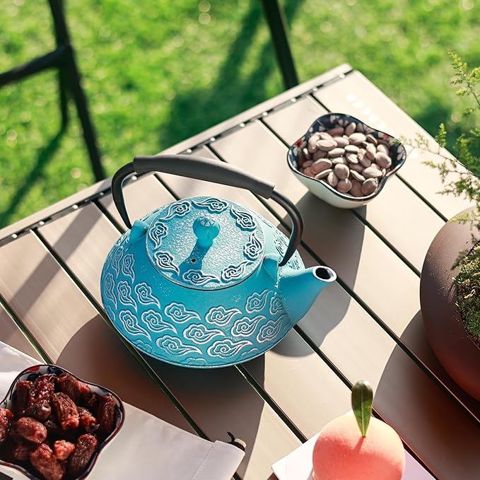 Cast Iron Teapot, Japanese Tea Pot with Infuser for Loose Leaf, Tea Kettle Stovetop Safe Coated with Enameled Interior, Clouds Pattern 27oz, 800ml Sky-Blue